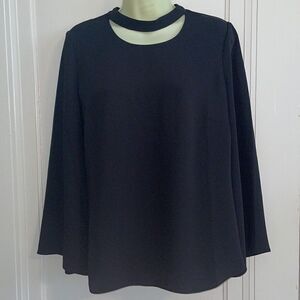 Chico’s black polyester blouse with bell sleeves & half moon cutout‎ at neck